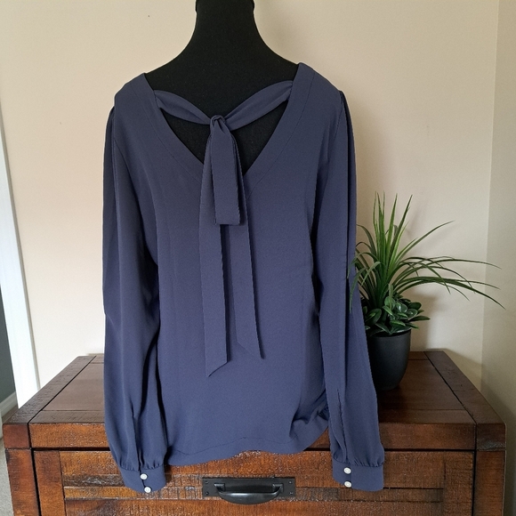 Loft Blouse Tie Back Blue Women's Small V-neck Long Sleeved Gathered Shoulder - Picture 12 of 16